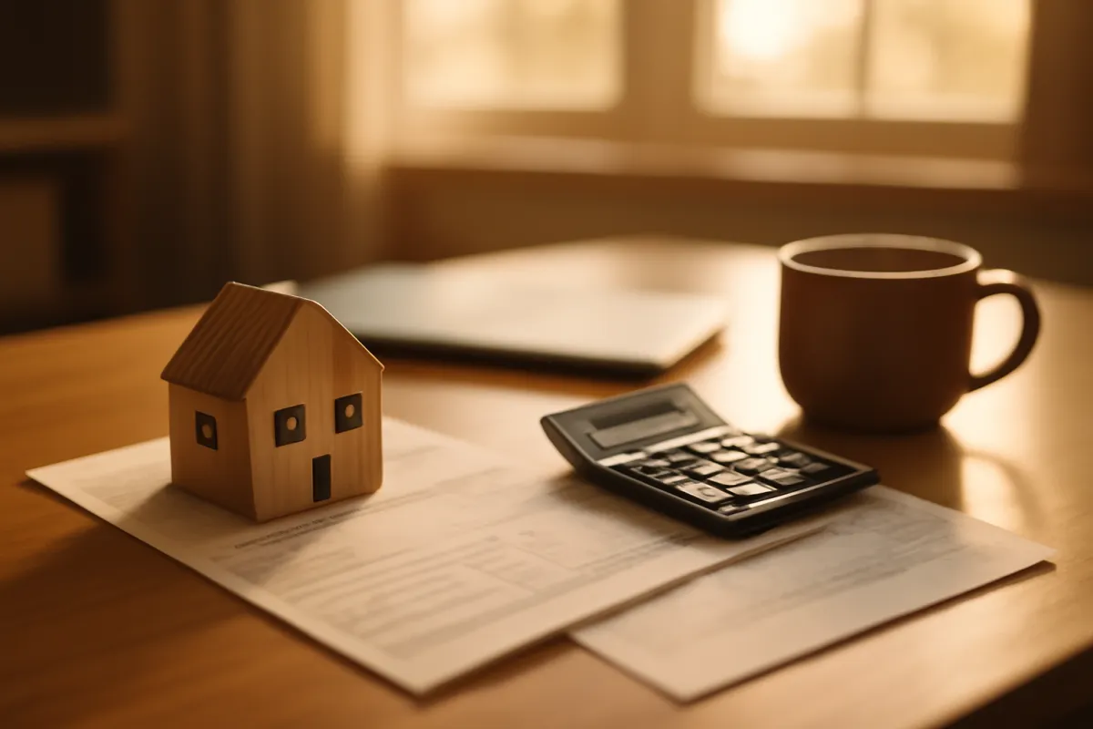 A small model house resting on printed forms beside a calculator and a coffee mug on a warm-lit desk