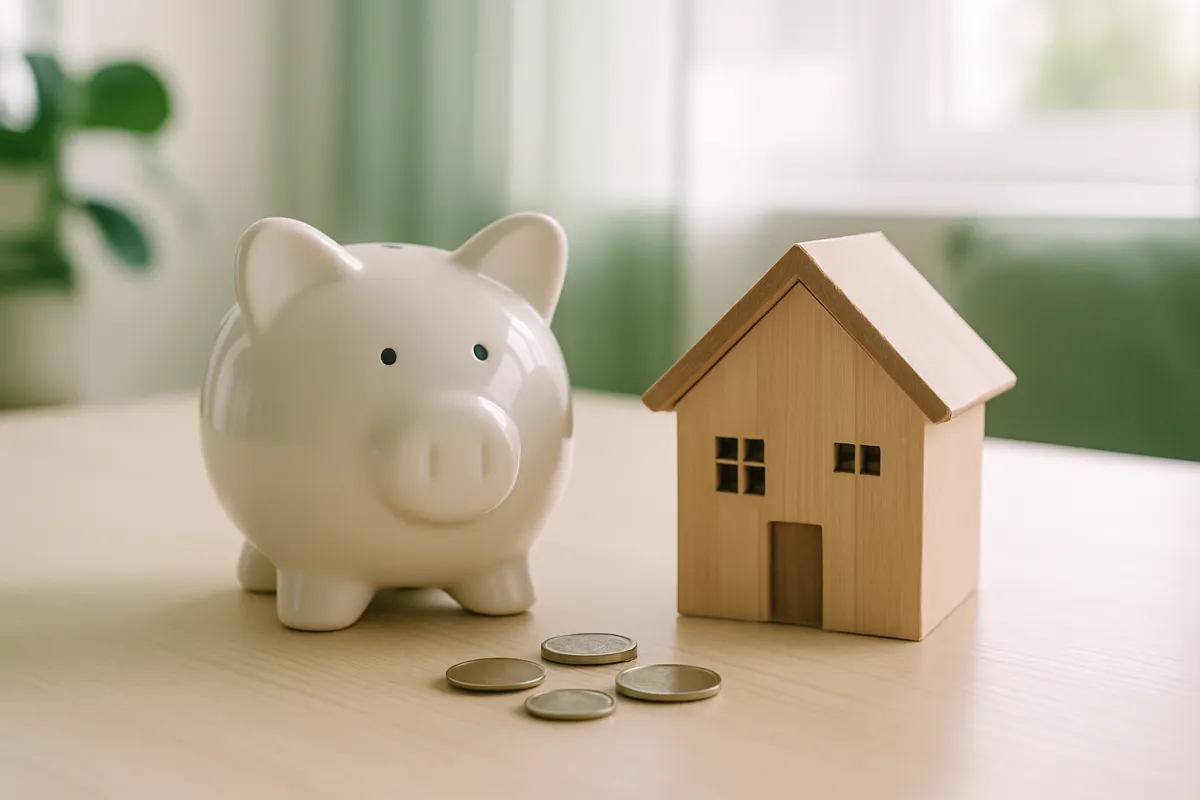 A piggy bank beside a small wooden house model on a desk