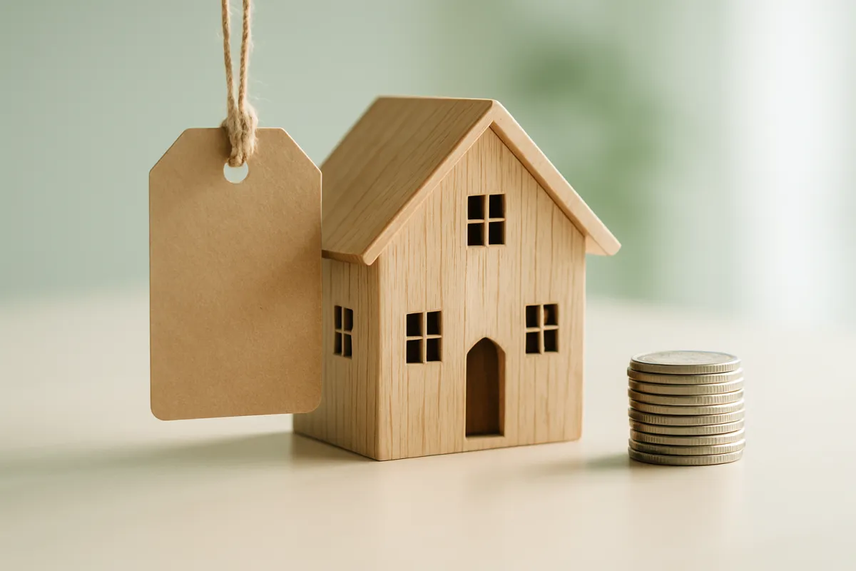 A wooden model house beside a blank hanging price tag and a stack of coins on a clean desk