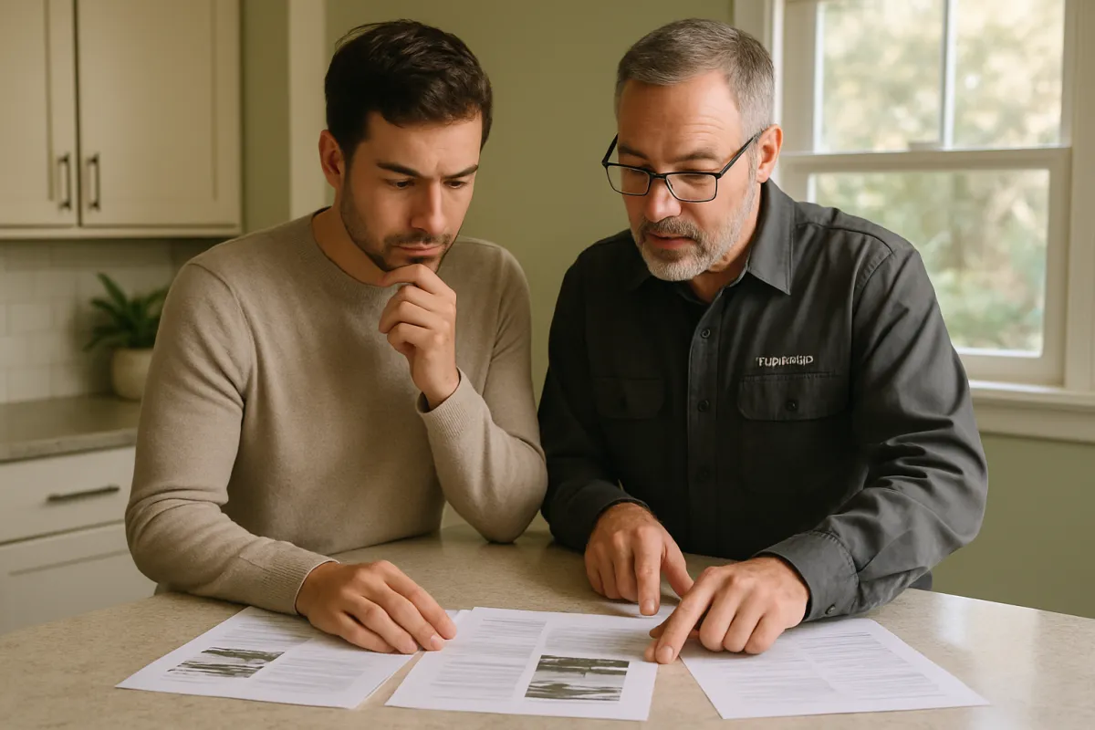 Two people seated at a kitchen counter looking over several printed pages spread in front of them, one pointing at a page