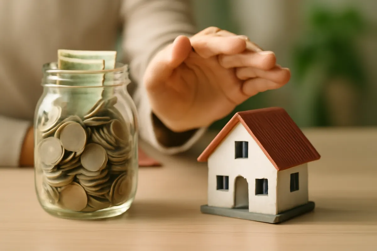 A glass savings jar filled with coins and bills beside a small house figurine on a desk