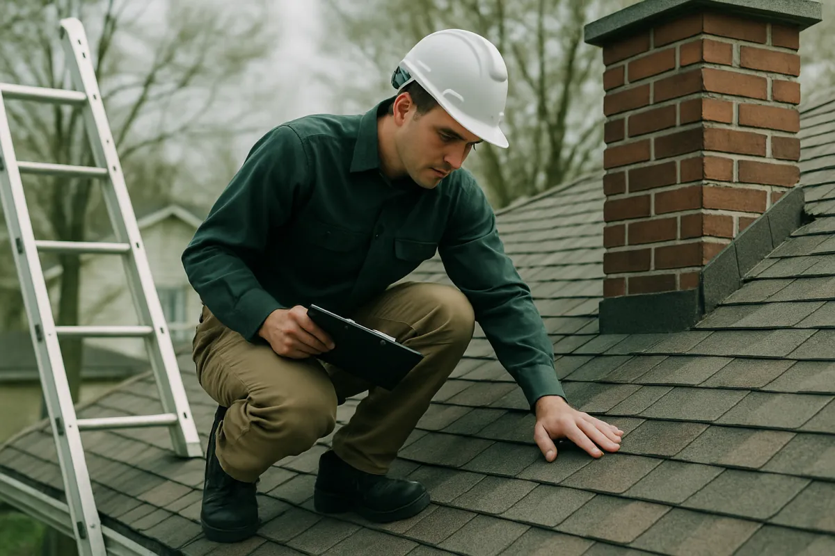 A specialist inspector on a residential roof examining shingles and a chimney with a ladder resting against the eave
