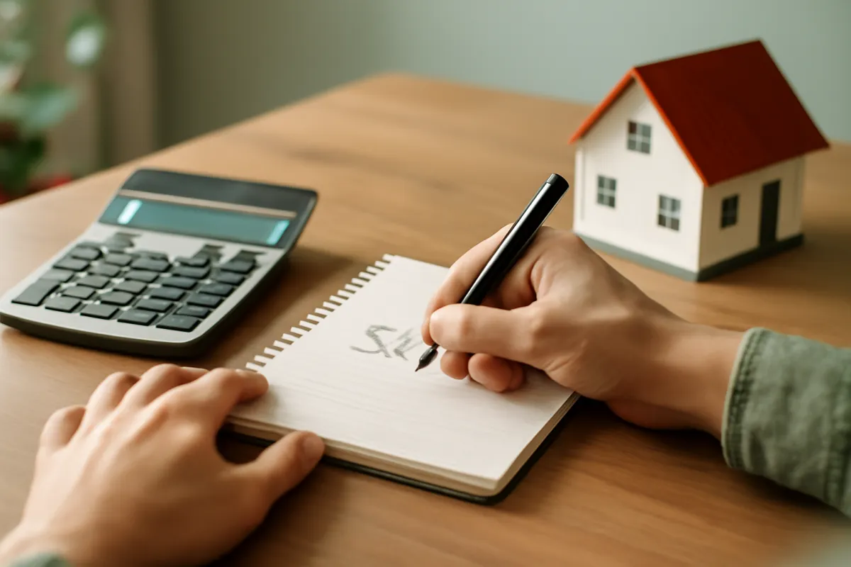 A hand writing a savings target in a notebook beside a calculator and a small model house on a desk