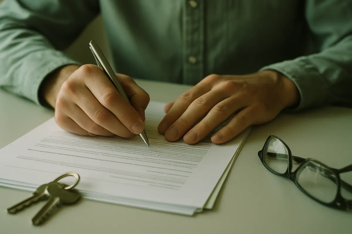 A homeowner signing loan documents at a desk, closing on a new mortgage that refinances an old one