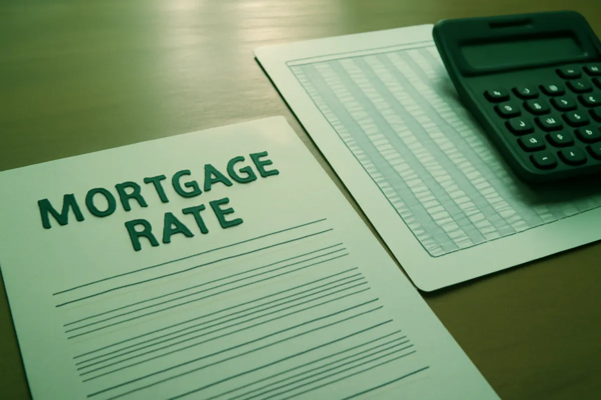 A printed mortgage rate sheet laid beside a ruled table and a calculator on a desk, the raw material for modeling mortgage numbers