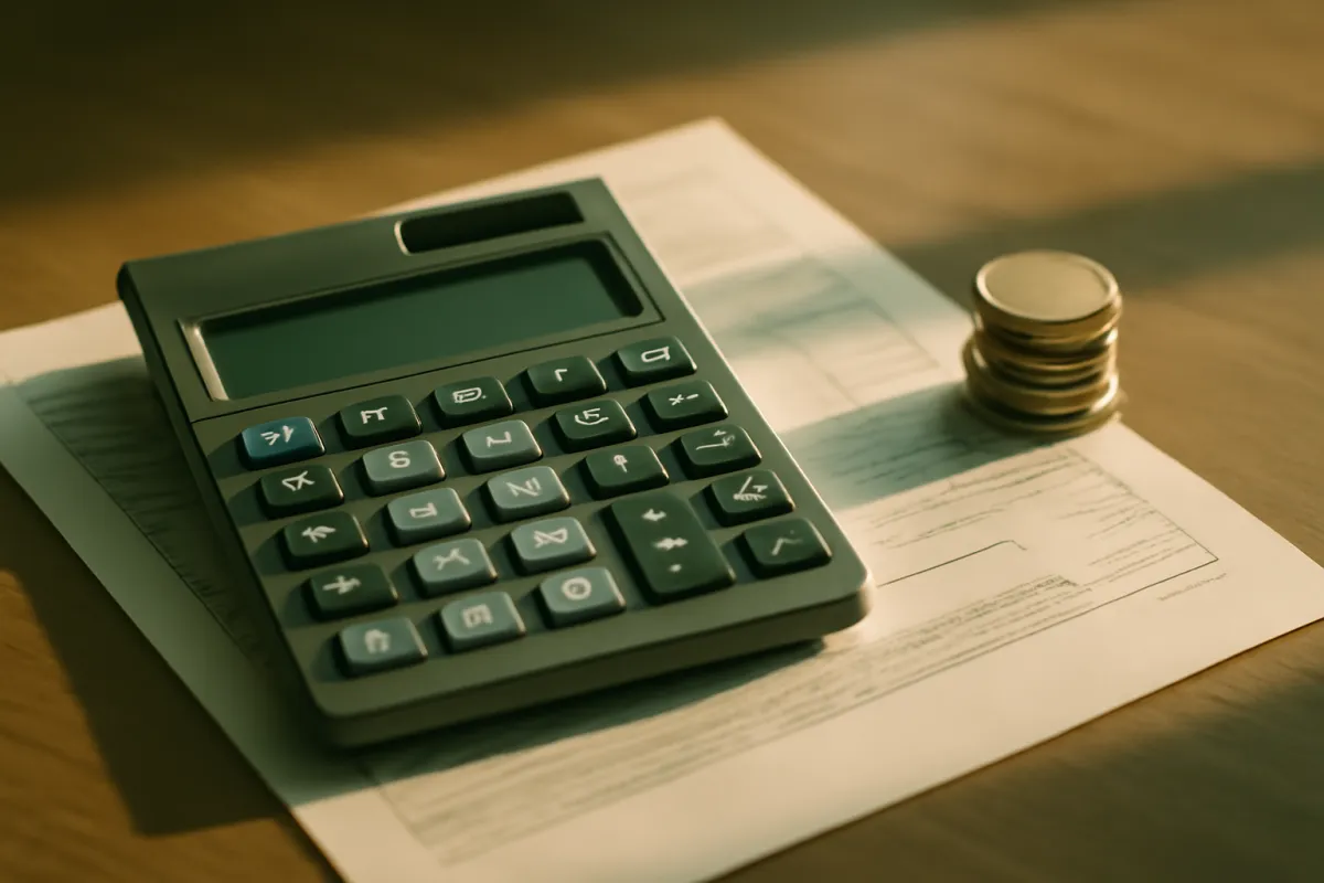 A calculator resting on printed statements with a small stack of coins beside it, the paperwork that starts a purchase made with bad credit