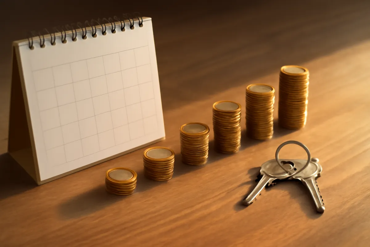 A calendar and stacks of coins arranged as a timeline beside house keys, representing the phases of a home buying checklist