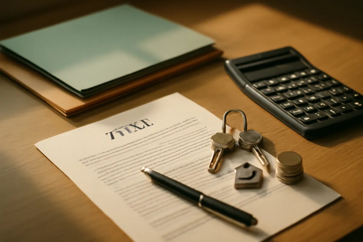 A closing desk with a title document, folders, a calculator, and a pen beside house keys
