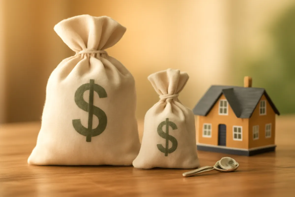 Two money bags of different sizes side by side on a table beside a small model house and a key