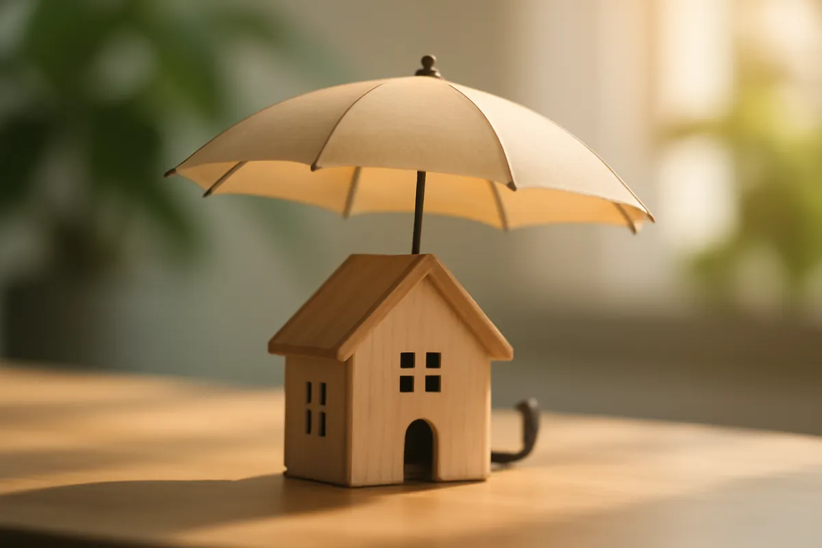 A small open umbrella shielding a miniature wooden house model on a desk