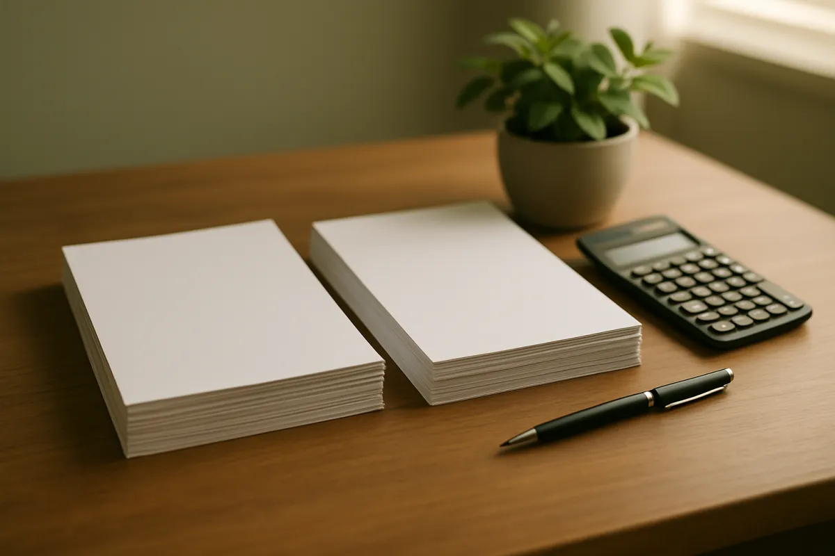 Two stacks of blank printed paper side by side on a wooden desk beside a calculator, a pen and a small potted plant