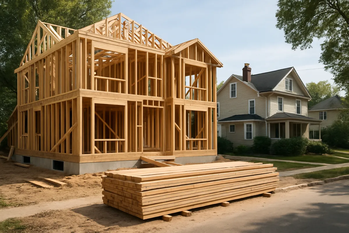 A two story house under construction with exposed wood framing beside a finished older house, with a stack of lumber in the foreground