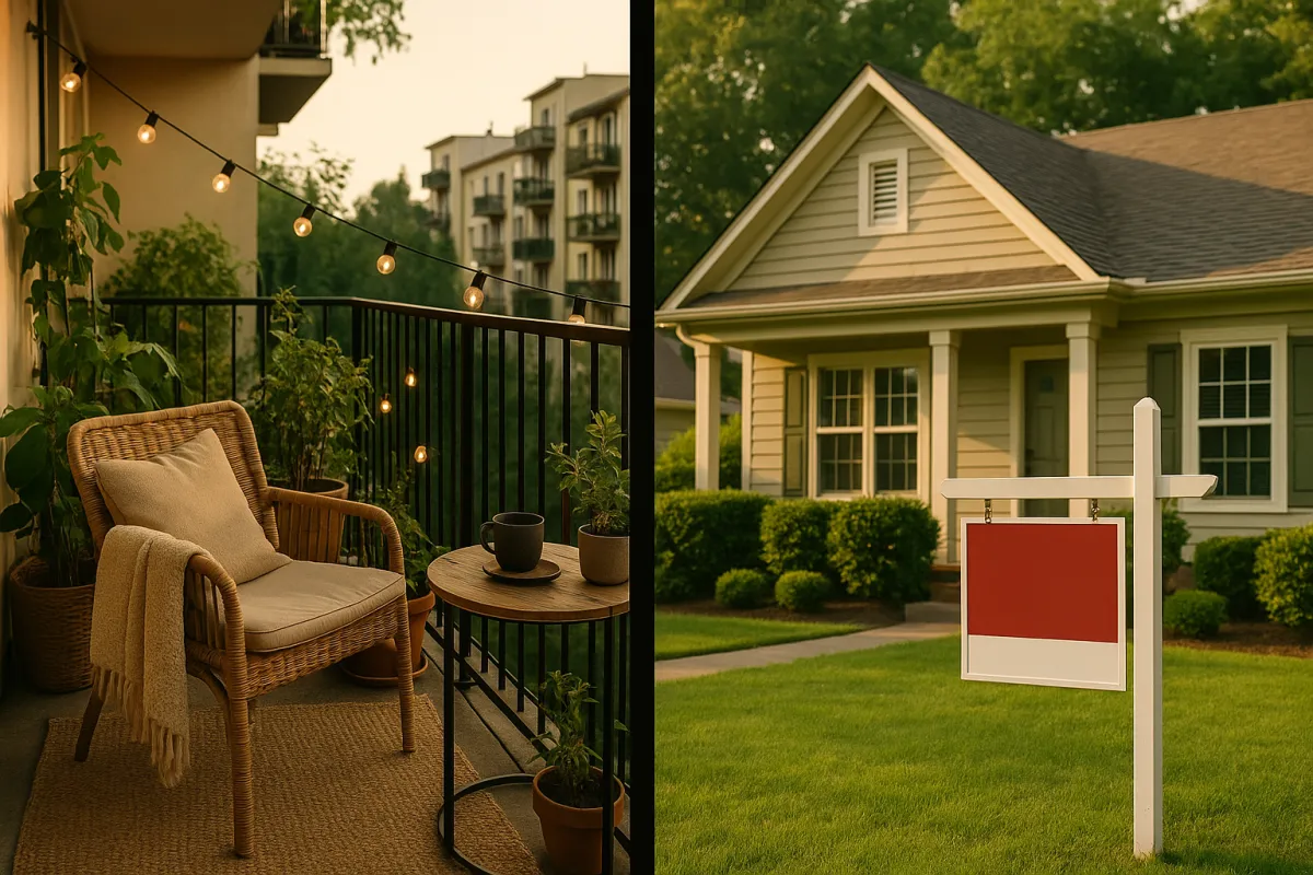 A rented apartment balcony beside a suburban house with a for-sale sign