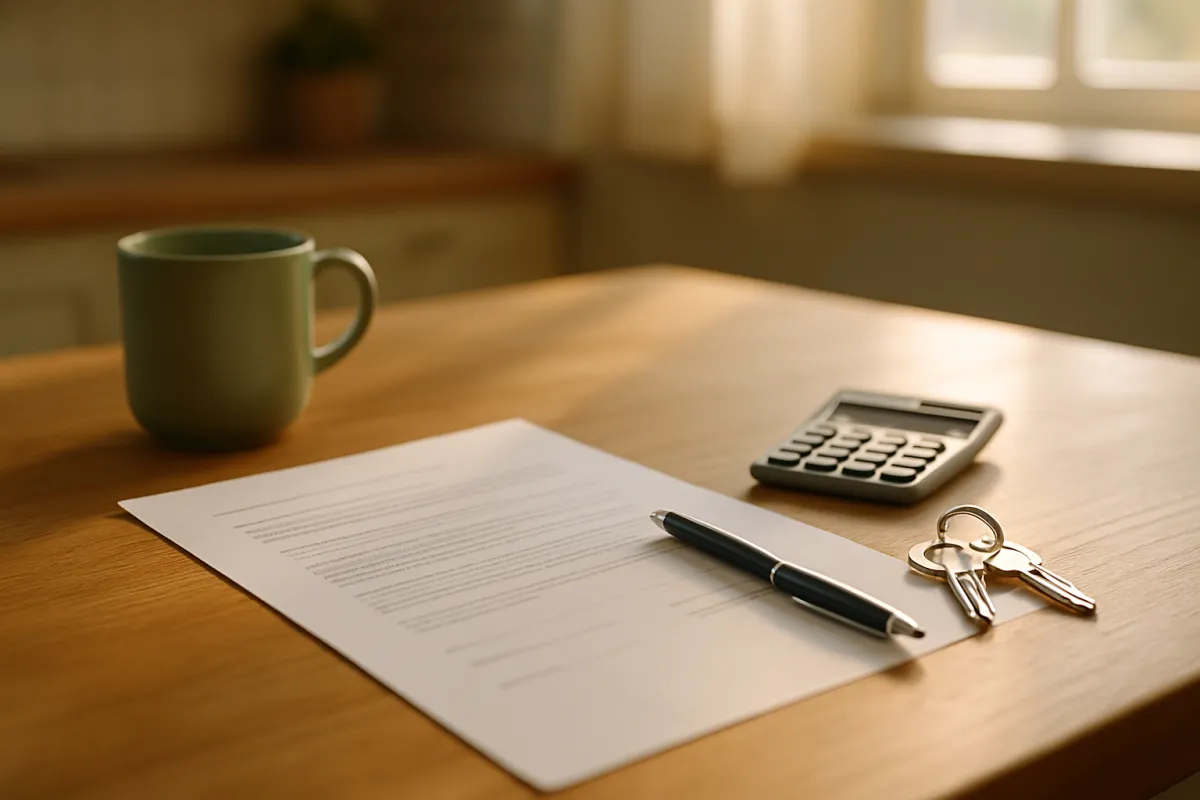 A printed document with a pen resting on it, a calculator, a set of keys on a ring, and a green ceramic mug on a wooden table in window light