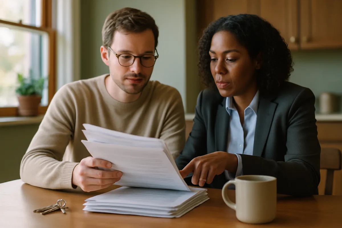 A man and a woman seated at a wooden table reading through a thick stack of printed pages beside house keys and a mug