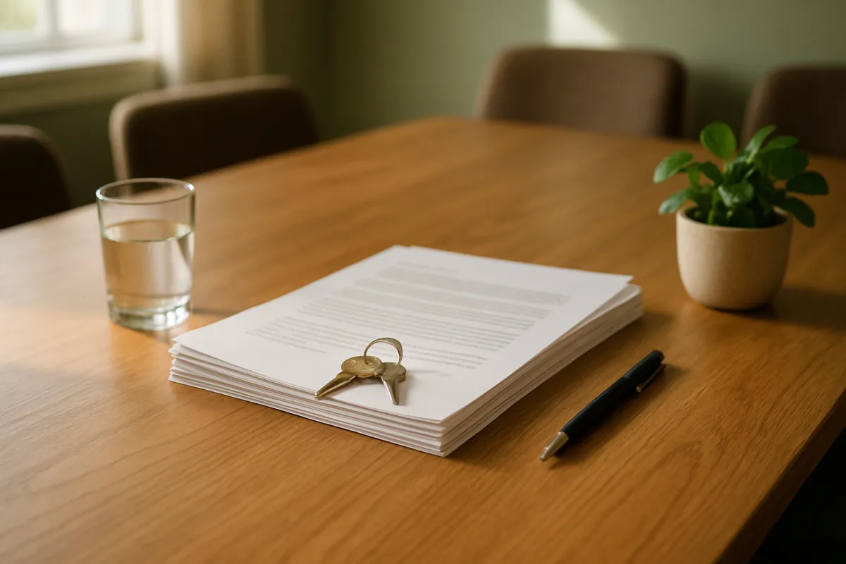 A stack of printed pages with a two-key ring resting on top, a pen, a glass of water and a small potted plant on a wooden table with chairs around it
